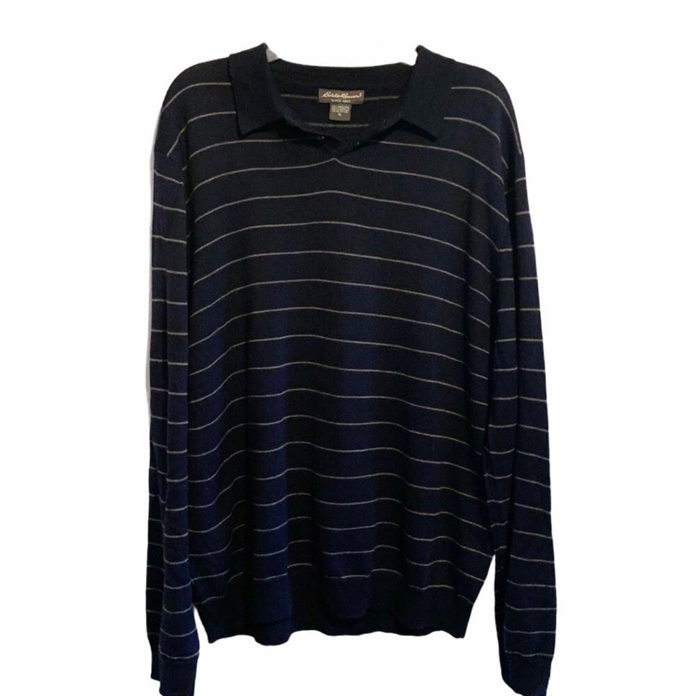 Eddie Bauer Navy Striped Merino Wool Pullover XL